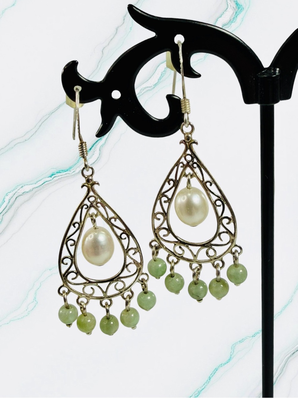 GSJ Sterling Silver 925 Jade Pearl Earrings Bohemian Beaded Fringe Chandelier